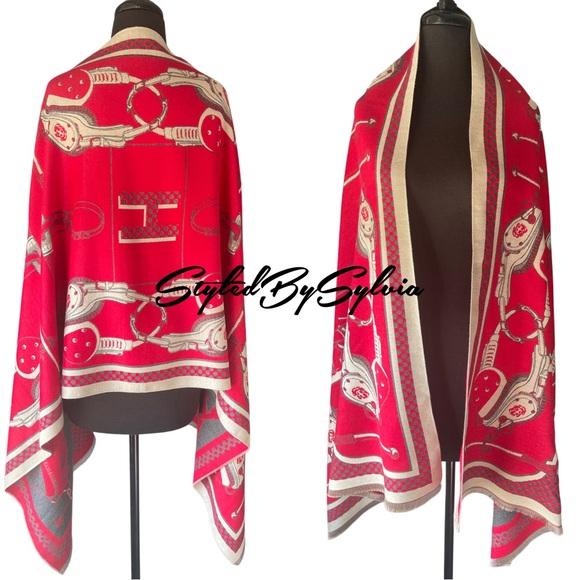 EQUESTRIAN Red Oversized Shawl Scarf Wrap for HER🧡MES Lovers - Picture 1 of 12